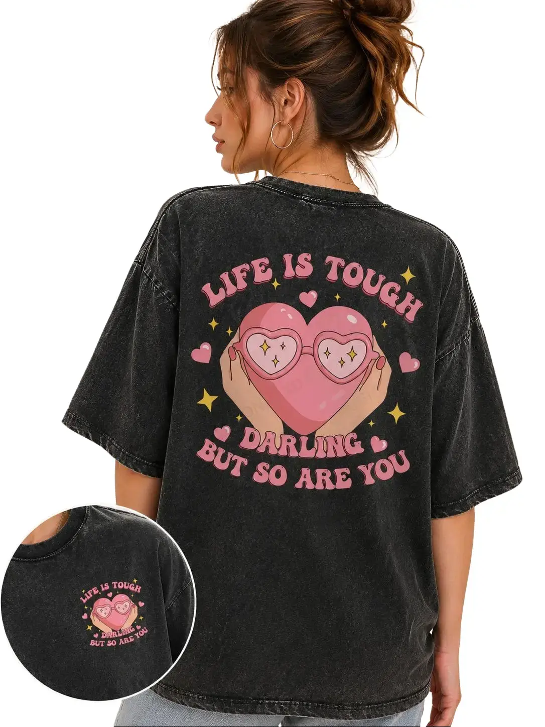 Life Is Tough Darling So Are You Heart Graphic Tee Vintage Retro Washed T shirt Oversized Unisex Streetwear Gymer Casual Workout Shirt for Women Motivation Gift
