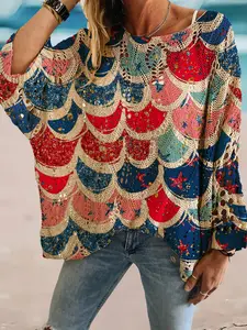 Independence Day Spring Summer Round Neck Hollow Out Batwing Sleeve Knit Sweater, Loose Shoulder Slimming Print, Commuter Vacation Bikini Outerwear