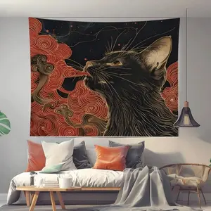 Asian Ukiyo Art Japanese Cat Swallowing Clouds Wave Fabric Fun Tapestry Wall Hanging With Accessories, Home Dormitory Bedroom Wall Decorbedroom decor