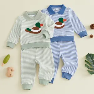 Canrulo Toddler Baby Boy Fall Winter Outfits Polo Neck Duck Embroidered Waffle Sweatshirt Infant Pullover Striped Top and Elastic Pants Sets