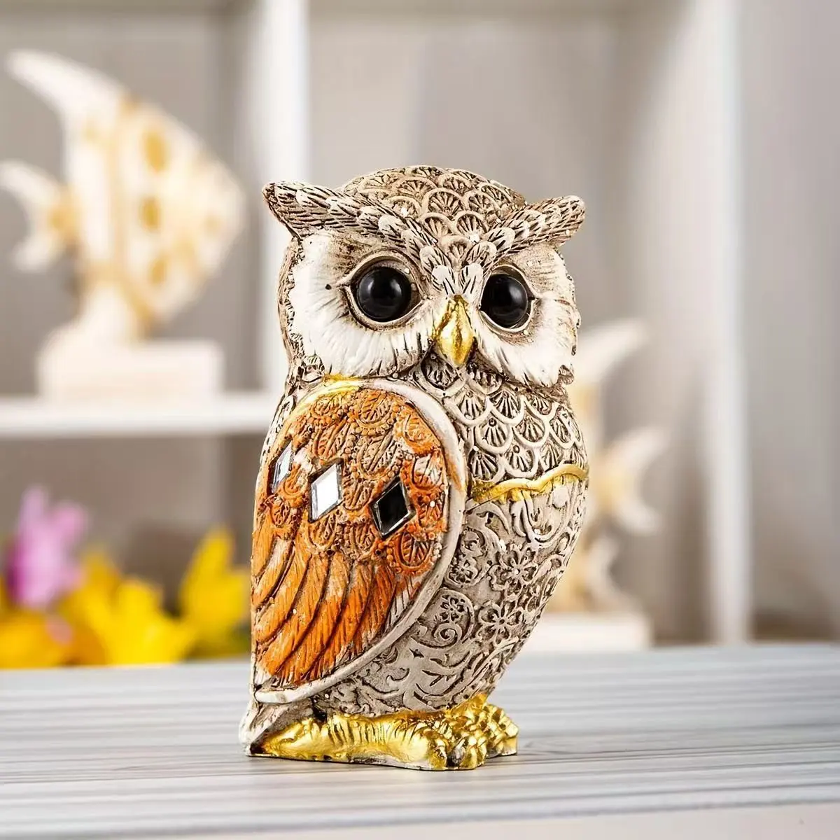 Owl Resin Statue Figurine with Diamond, Indoor Outdoor Home Decor Piece, Living Room Entryway Desktop Ornament, No Power Required, Resin Animal Sculptures