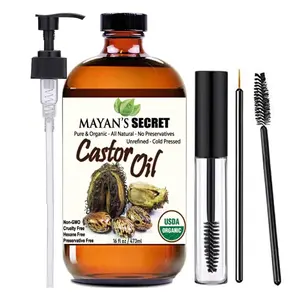 Mayan's Secret 16 oz Pure Castor Oil Organic Cold Pressed Unrefined Glass Bottle - Oil for Hair Growth, Eyelashes, Eyebrows & Skin, 100% Glass