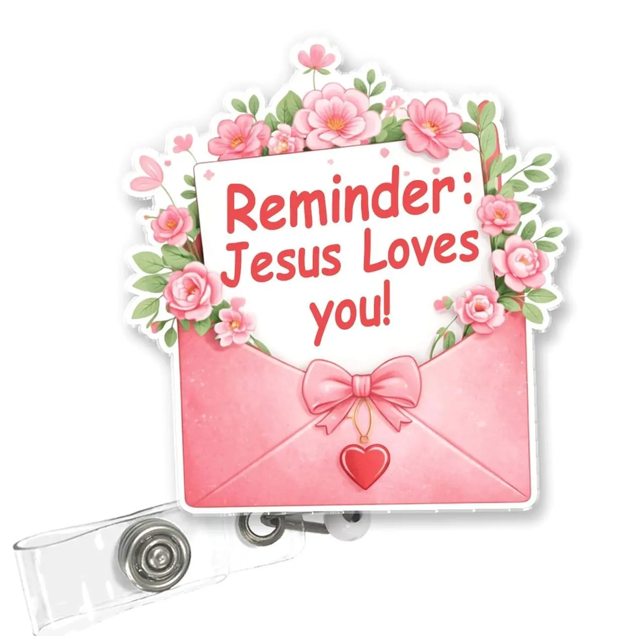 Reminder Jesus Loves Badge Reel, Faith Inspired Acrylic Retractable ID Holder with Alligator Clip LE8