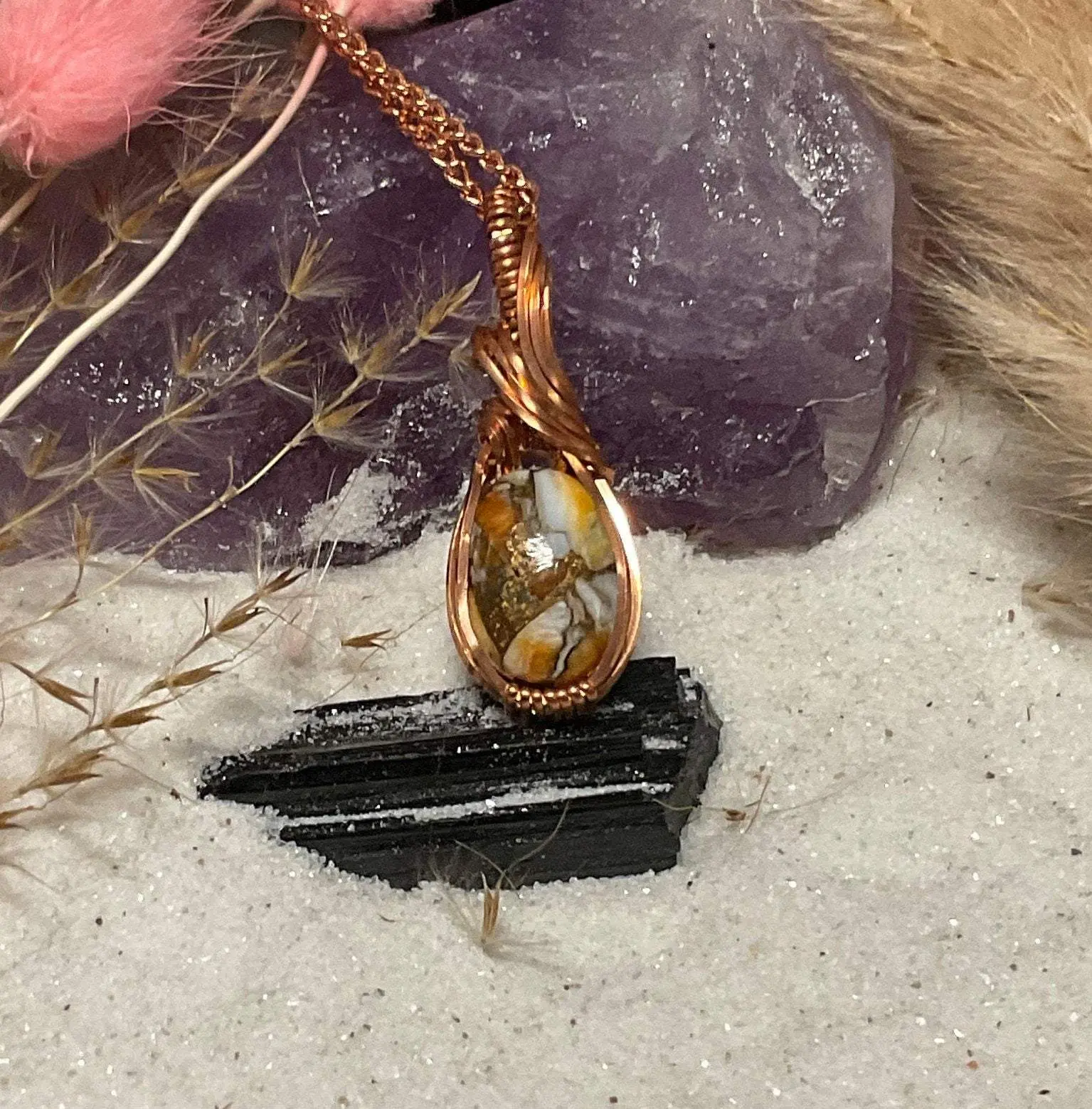 Spiny Oyster Copper Crystal Pendant wrapped in Natural Copper