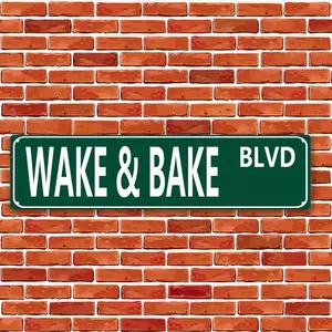 "Wake & Bake"  Metal Tin Sign - Funny Vintage Wall Art Decor 16x4 Inch Slim Street Sign for Home Bar Cafe Garage Support customization based on provided images