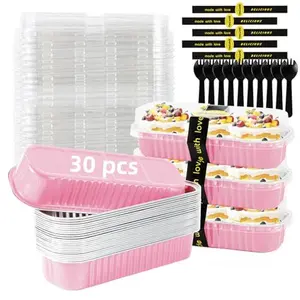 30 Pack Pink Mini Loaf Pans with Lids, Disposable Aluminum Foil Baking Pans, 6.8oz Small Cake Pans, Mini Bread Loaf Containers, Brownie Cheesecake Dessert Bakeware, Individual Baking Tins with Spoons & Stickers
