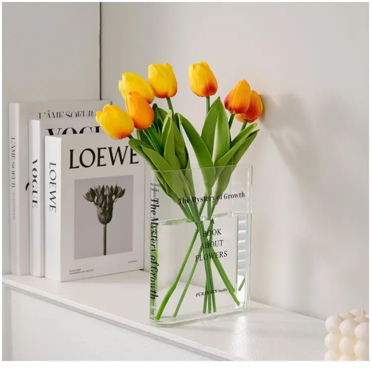 Clear Book Flower Vase - Floral Bookshelf Decor, Acrylic Flower Holder & Space-Saving Organizer, Modern Home Office/Study Desk Minimalist Aesthetic