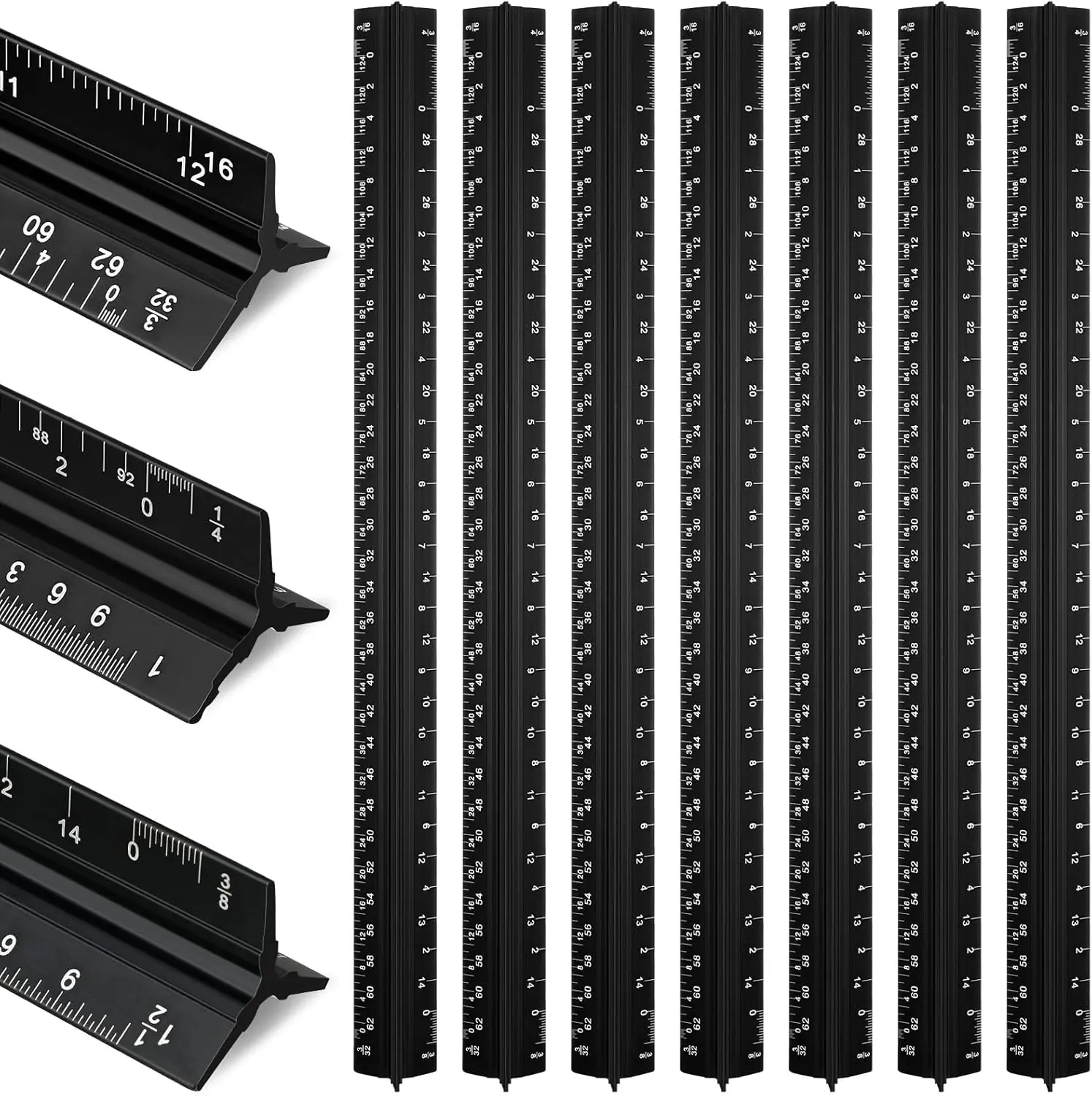 10 count Architectural Scale Triangular Ruler 12" Architect Engineers Scale Ruler Set  Metal Ruler with Imperial Measurements for Architect Student Draftsman Engineer (Black)