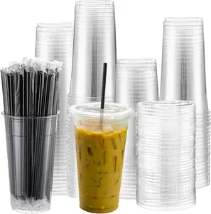 100 Set 32oz Clear Cups with Flat Lids and, PET Cups with Lids Colored Drinking Disposable Cup for Ice Cream Cold Drink Iced Coffee Tea Juice(Black)