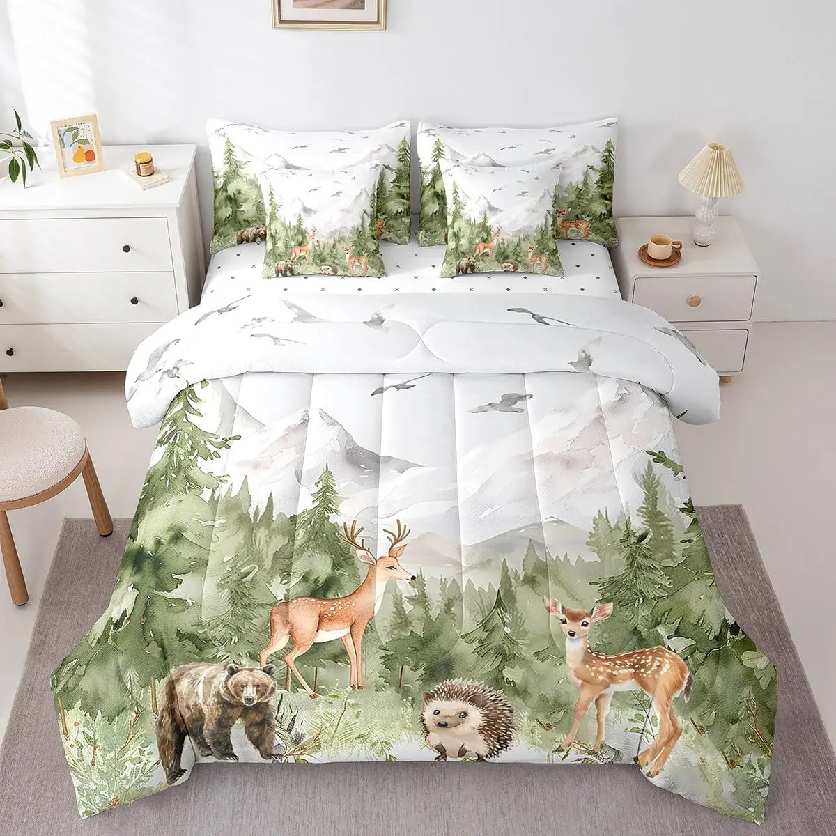 Feelyou 7-Piece Ultra Soft Microfibre Forest Theme Complete Bedding Set - Breathable Bed Cover Set with Woodland Deer, Bear, Hedgehog, Birds, Pine Trees for Multi-Size Bedsheets, Complete Bedding Sets