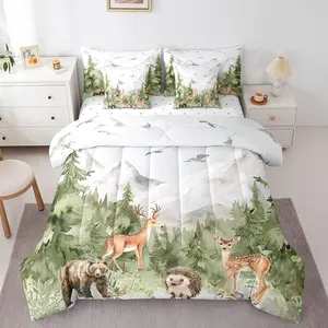 Feelyou Ultra Soft 7-Piece Forest Theme Bedding Set, Multi-Size Wildlife Print Comforter Set with Woodland Deer, Bear, Hedgehog, Birds and Pine Trees