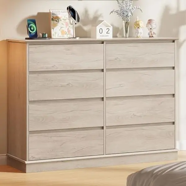 Natural Oak 8 Drawer Dressers for Bedroom, Chest of Drawers with Deep Drawers, Large Double Dresser for Closet with Wide Top, Horizontal Wooden Dresser for Living Room, Hallway, Kids Room