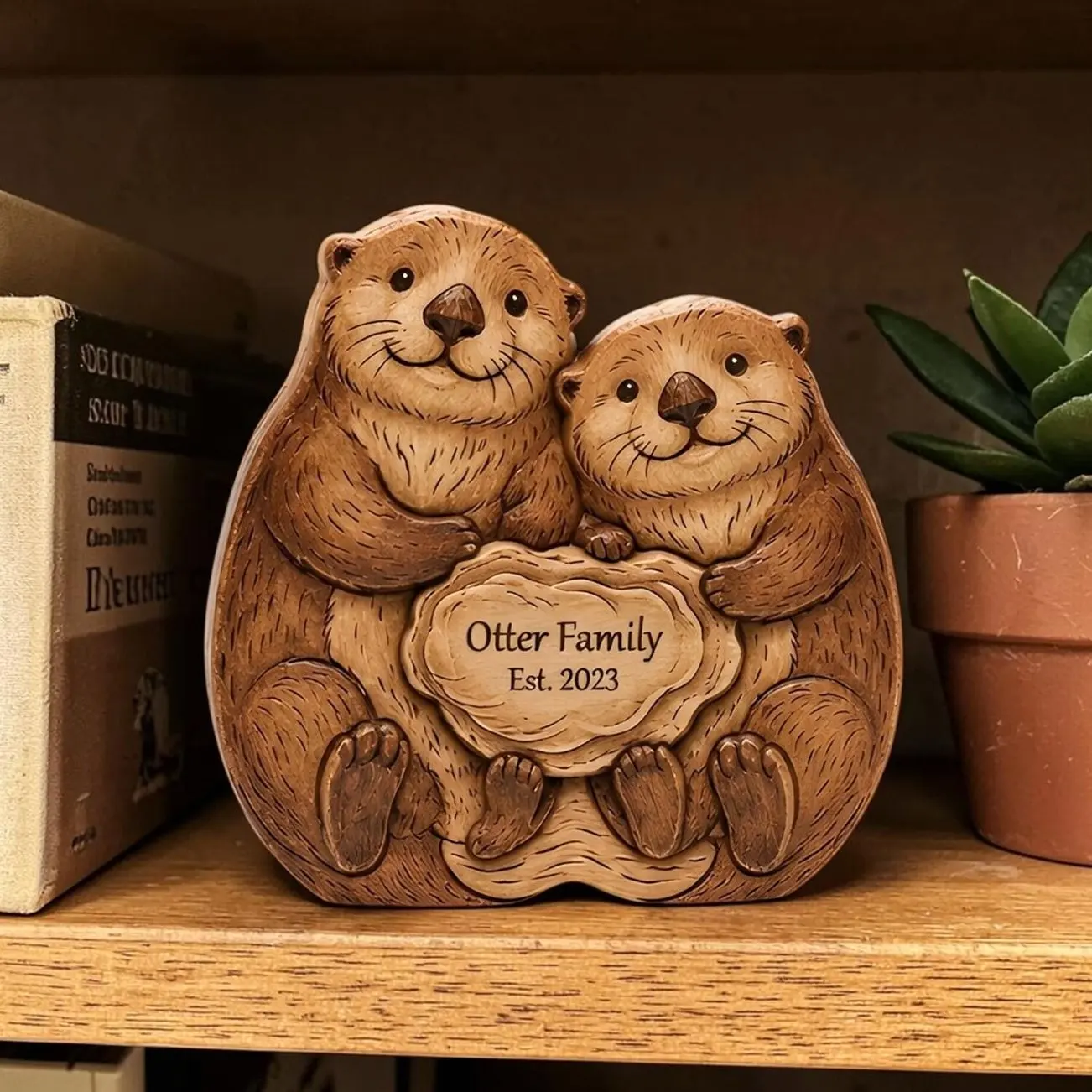 Personalized Otter Family Wooden Keepsake, Holding Hands Sign, Animal Lover Home Decor