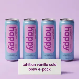 Happy Tahitian Vanilla Cold Brew Coffee 11 oz - 4 pack - Lightly Sweetened with Real Sugar - Only 80 Calories