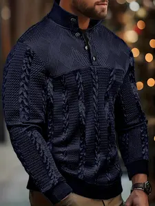 Men's Fashion Casual Long Sleeve Polo Shirt, Vintage Button Stand Collar Textured Knit Sweater, Elastic Hem Ribbed Patchwork Outdoor Sport Henley, Fitted