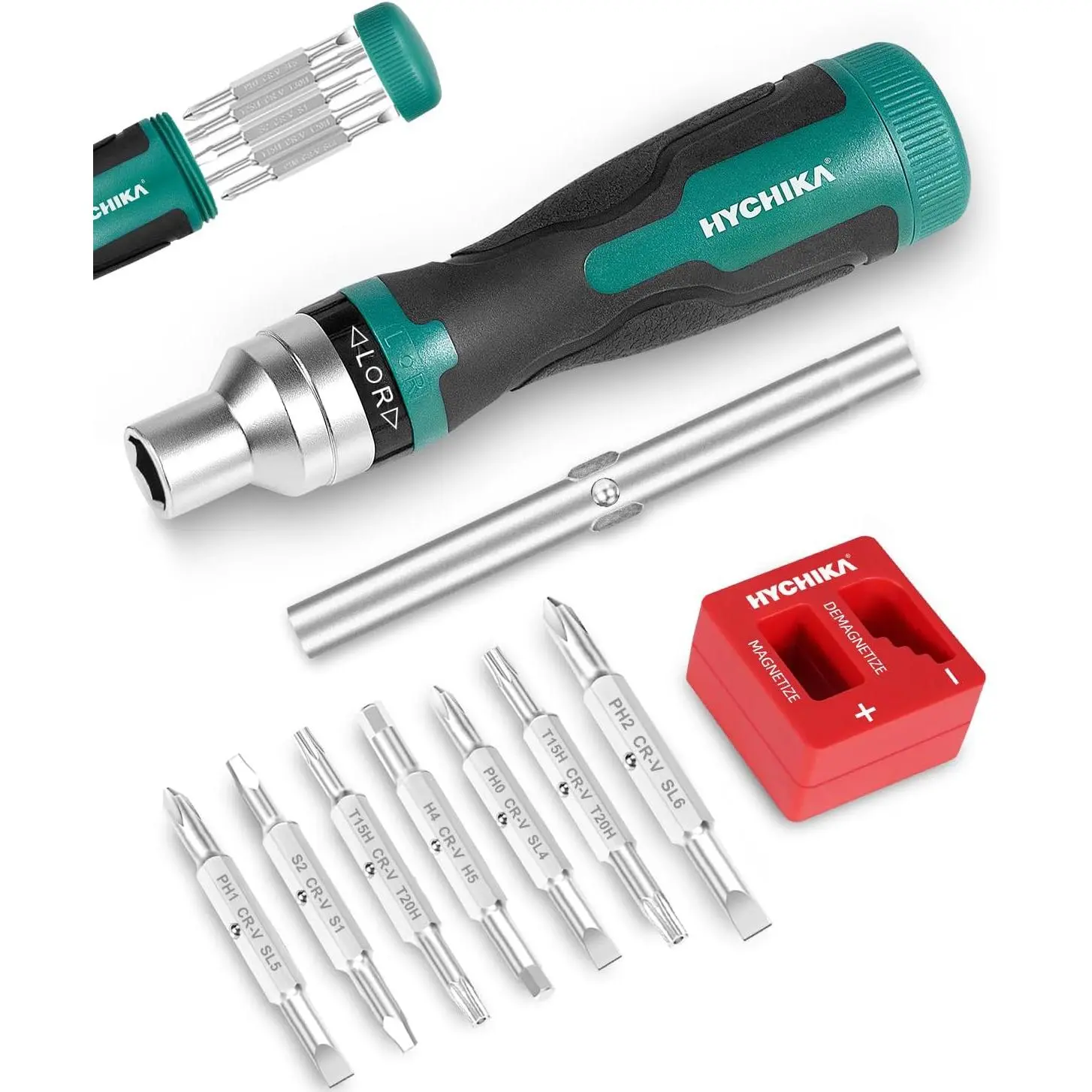 HYCHIKA Ratcheting Screwdriver 16-in-1, Ratchet Screwdriver Set, Screw Driver Multi Bit with, Slotted, Torx, Square, Hex bit and End Nut Driver