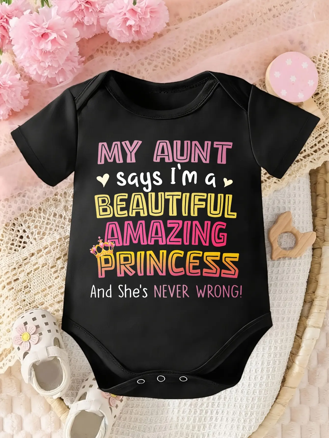 Baby Girl Bodysuit "My Aunt Says I'm a Beautiful Amazing Princess" Short Sleeve Cotton Newborn Romper, Cute Family Quote Graphic Onesie