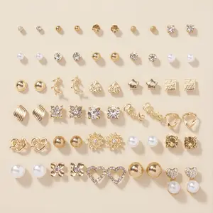 30 Pairs of Dazzling Alloy Love Letter Stud Earrings Set - Round Faux Pearl, Full Rhinestones, Fashionable Jewelry for Women - Perfect for Daily Wear, Party, Wedding, and Gift Giving