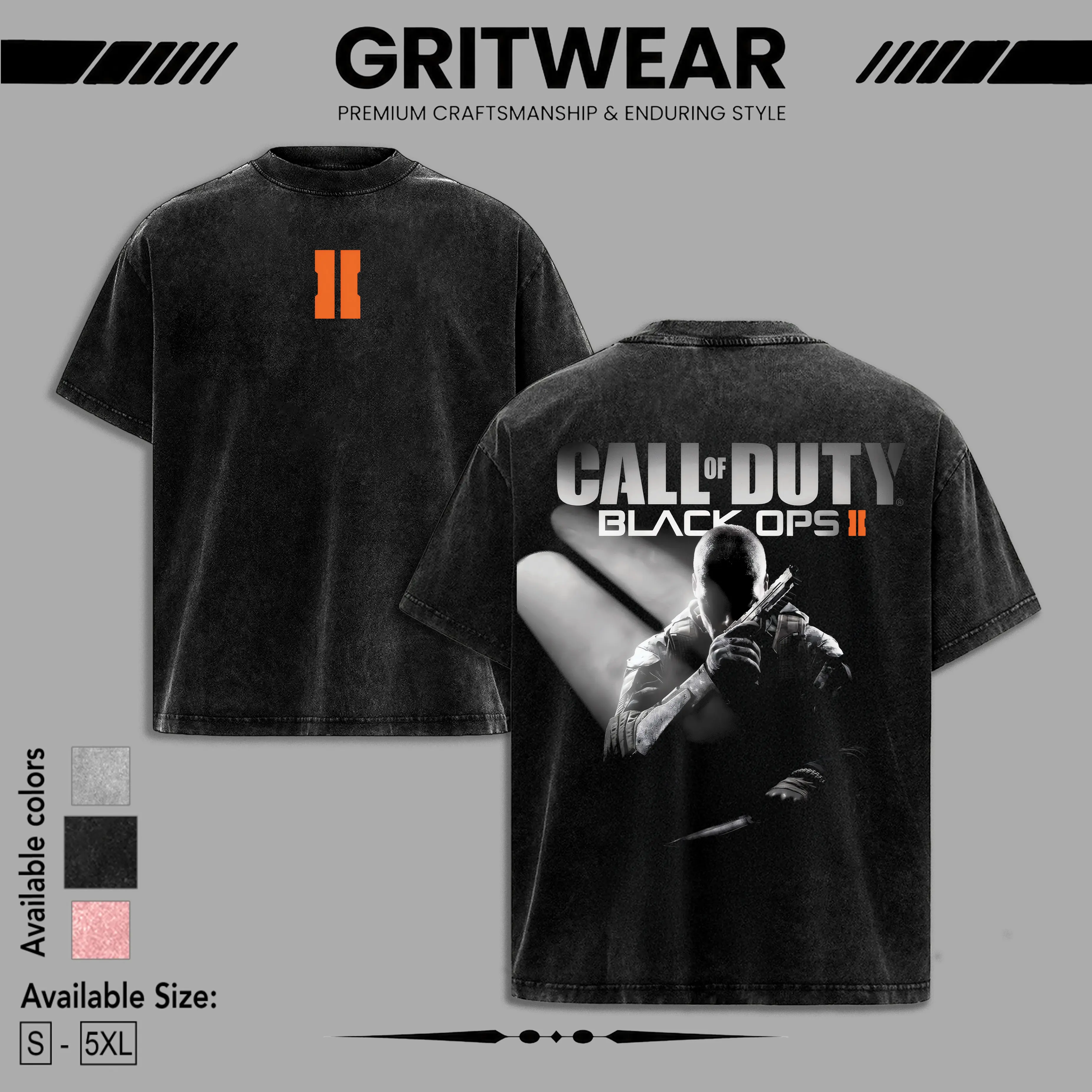 Call of Duty Black Ops 2 acid wash 2 Sided cotton t-shirt unisex trendy game Menswear Causal Streetwear 90s retro black Soft clothes merch
