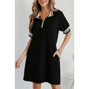 Black Striped Webbing Trim Preppy Polo Tee Dress