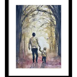A Fathers Light - Original watercolor painting of Father and Son Walking in Forest for Home Decor