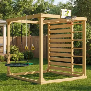 FUFU&GAGA All-in-One Backyard Kids Activity Cube Playset, Weather Resistant Cedar Wood Play Tower with Swings, Climbing Wall, Ladder & Basketball Game, Outdoor Jungle Gym for 3-10 Years Old