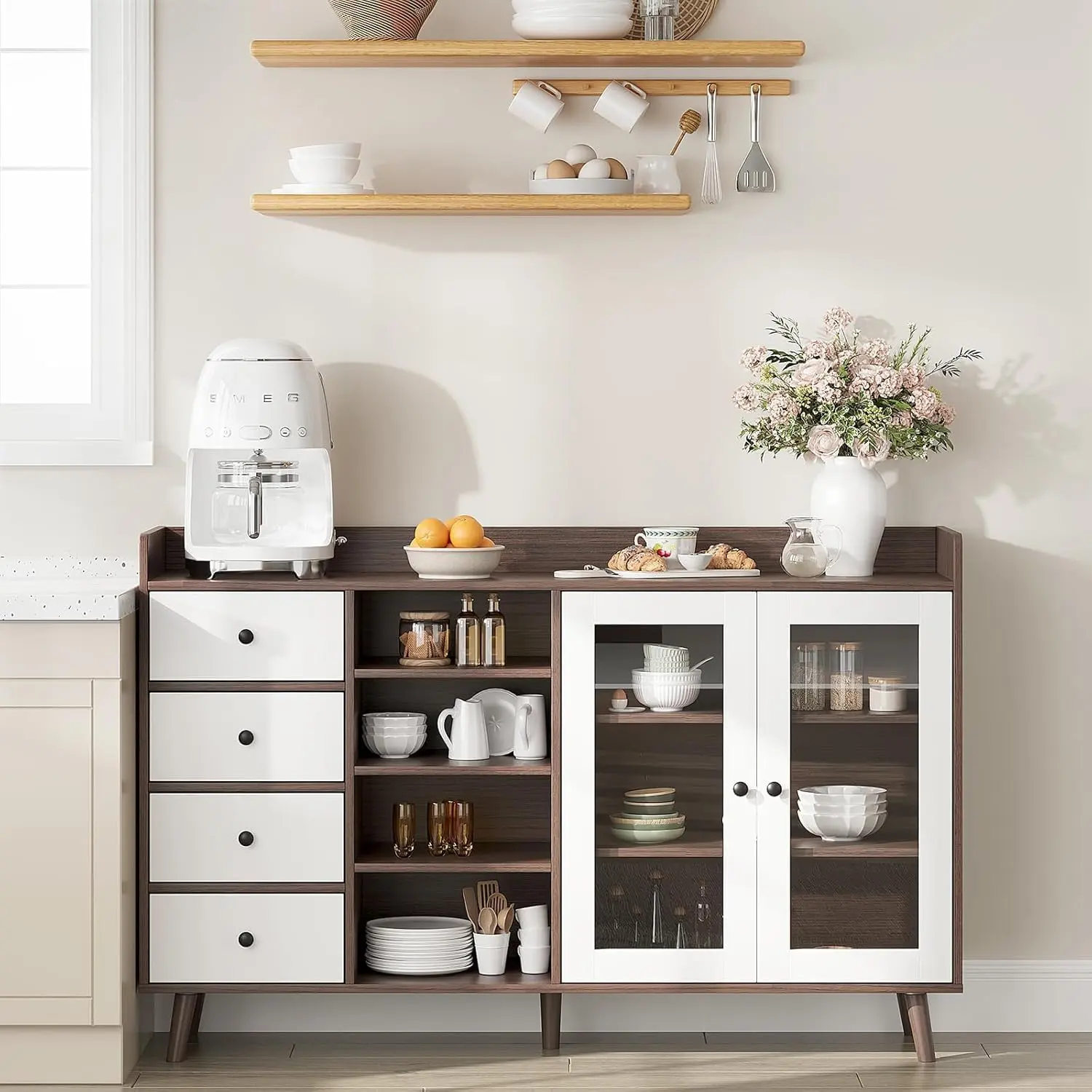 Black Freestanding Durable Farmhouse Cabin-Style Tall Sideboard Buffet Cabinet - Adjustable Shelves, Glass Doors, Open Storage, Multi-Use Indoor Cupboard, Kitchen Pantry, Coffee Bar, Quick Setup, Step-by-Step Instructions, Assembly Required
