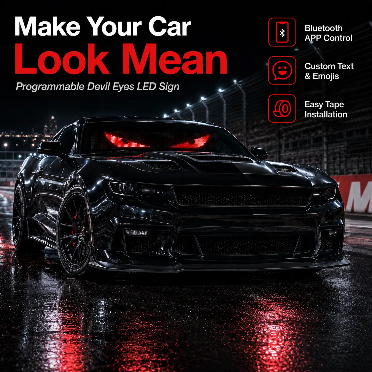 "Demon Eye" (Devil Eyes) LED Car Windshield Lights, Bluetooth App Control, Aggressive Look, Programmable Pixel Display, Custom Text & Emojis, Preset Animations, USB-Powered Car Decoration Accessory for Party Outfits