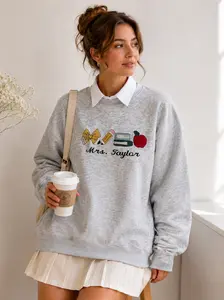 Personalized Teacher Embroidered Sweatshirt, Custom Name Teacher Crewneck, Cute Teacher Icons Pullover, Teacher Gift