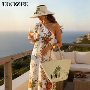 UOOZEE New 2026 Summer Vacation Straw Large-Capacity Tote Bag & Sun Hat Set (2 Pieces), Versatile and Stylish Coconut Tree Print Beach Bag with Wide Brim Hat, Boho Outfits, Casual Wear,summervibes
