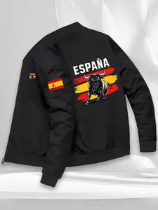 Men's Spanish Theme Pilot Jacket Coat, Military Zipper Casual Outerwear, Polyester Travel Daily Wear