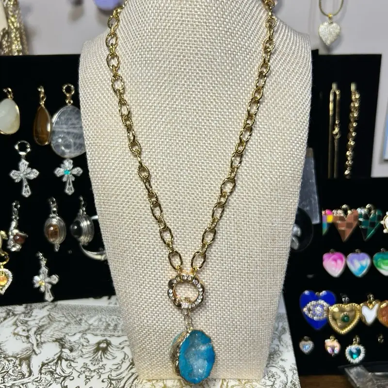 Handmade Turquoise Druzy Agate Necklace with Gold Chain and Crystal Accents for Women