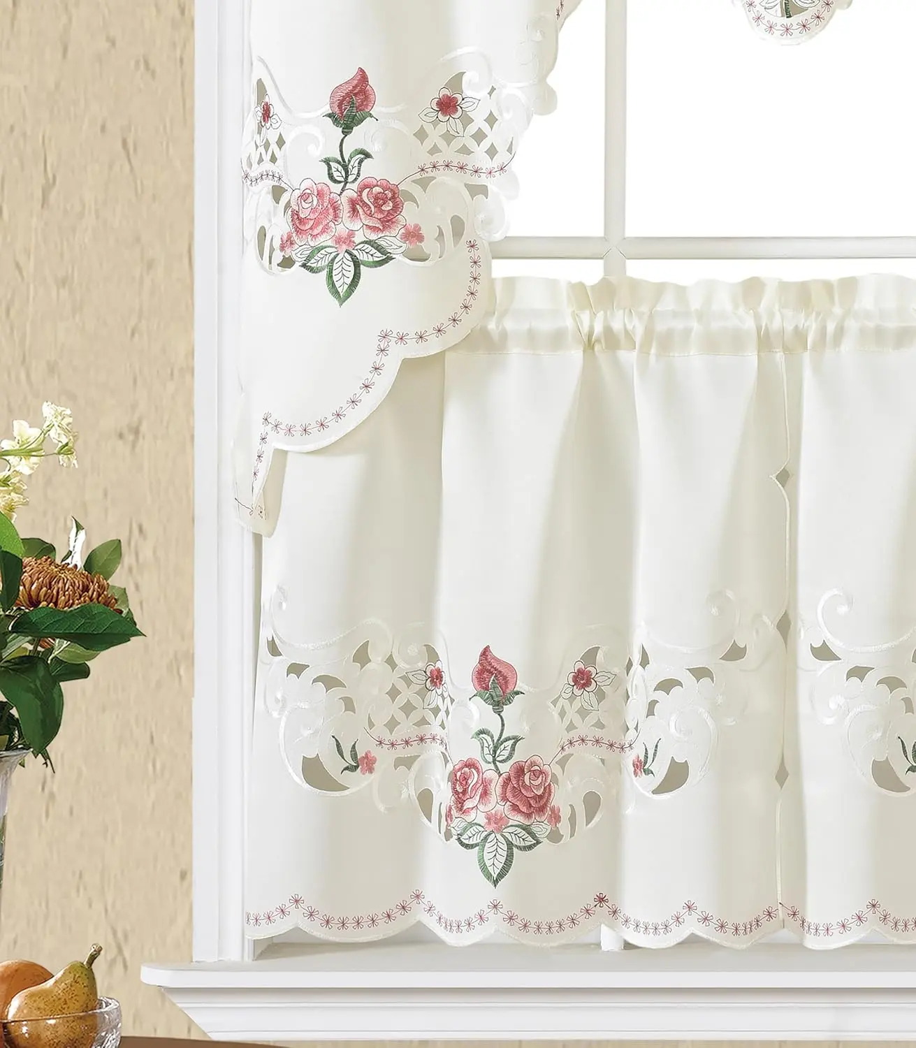 Rose  3 count Multi-Color Embroidery Curtain with cutworks, Swag Valance and Tiers Set,Satin Fabric,Multi-Color Kitchen Cafe Curtain Set(Burgundy)