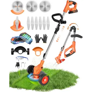 Weed Wacker, Weed Wacker 21V, Weed Eater Battery Powered/Brush/Stringless, Weed Trimmer with Wheel & Blade, Wheels for and Yard Lawn (90° Collapsible)