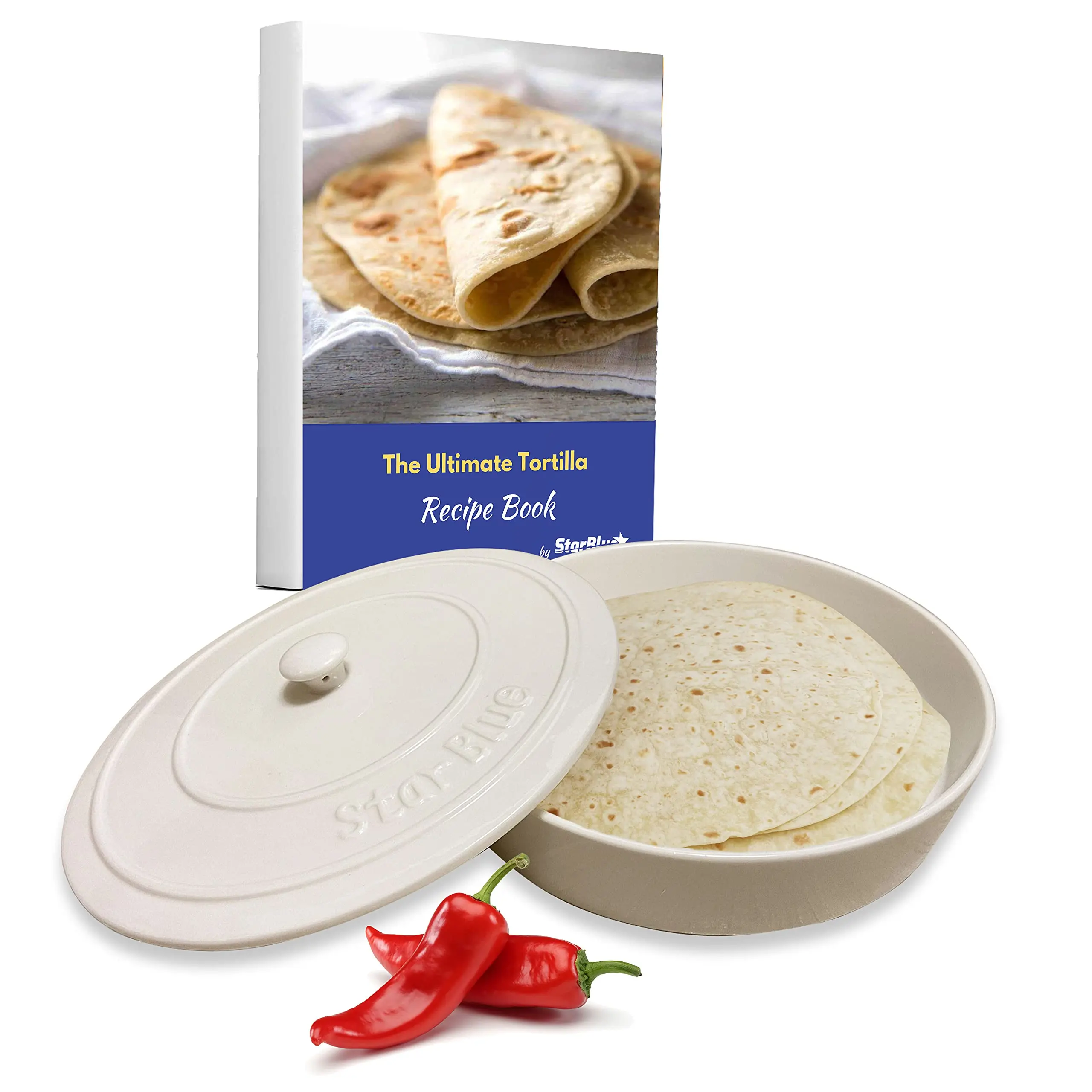 StarBlue Insulated Ceramic Tortilla Warmer Bowl with Lid - Oven-Safe, Dishwasher-Safe Specialty Kitchen Utensil, 24-Tortilla Capacity, Heat Retention Tableware, Includes Free Recipes Ebook, Perfect Gift Option