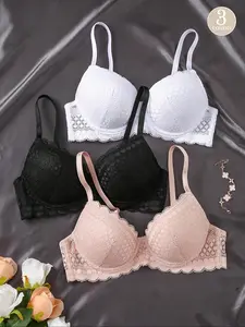 Women's Solid Color Lace Bra, Comfortable Breathable Underwire Bras, Soft Comfy Lingerie for Daily Wear