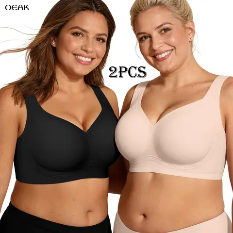2PCS OEAK Women Jelly Bra Seamless Wireless Supportive Bra Push Up Comfort Soft No Underwire Full Coverage T-Shirt Bra