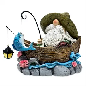 Fishing Gnome with Lantern Garden Statue, 6" Lighted Dwarf Figurine Outdoor Decor