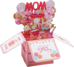 Happy Birthday Mom Pop up Card, Thoughtful Birthday Cards for Mom Colorful Balloons Excitement Fireworks Gift Box with Envelope Creative Pop up Gift Card for Women Stepmom Godmother