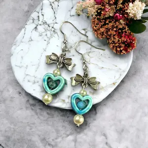 Turquoise Heart with Bow Ceramic earrings, dangle Earrings, Heart Dangle Earrings, Coquette earrings