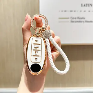 for Nissan Key Fob Cover with Leather Lanyard, Car Key Fob Case Compatible with Nissan Altima Maxima Rogue Armada Sentra 370z Pathfinder Murano Smart Key Protector Holder