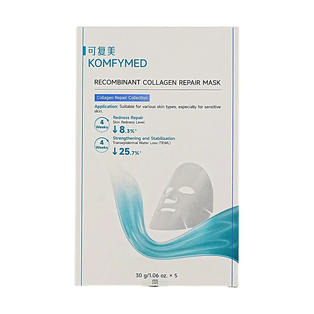 KOMFYMED Recombinant Collagen Hydrogel Patches - 30g x 5 Sheets | Soothing Repair, Strengthen Skin Barrier, Hydrating Face Mask for Post-Procedure Care