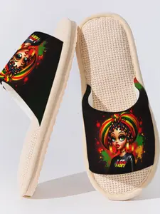 "I AM I" African Girl Linen Slippers, Non-Slip Lightweight & Breathable Home Shoes All Seasons Footwear for Daily & Guest  Use