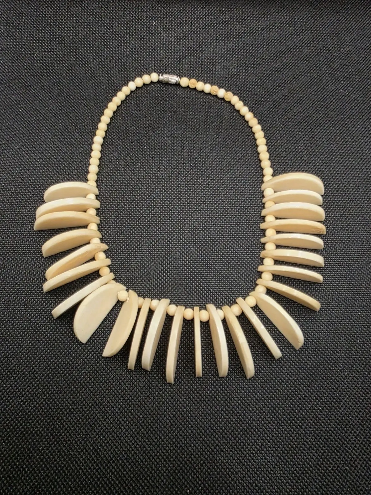 Vintage Bovine Bone Carved Beaded Necklace with barrel clasp Tribal 16.25"