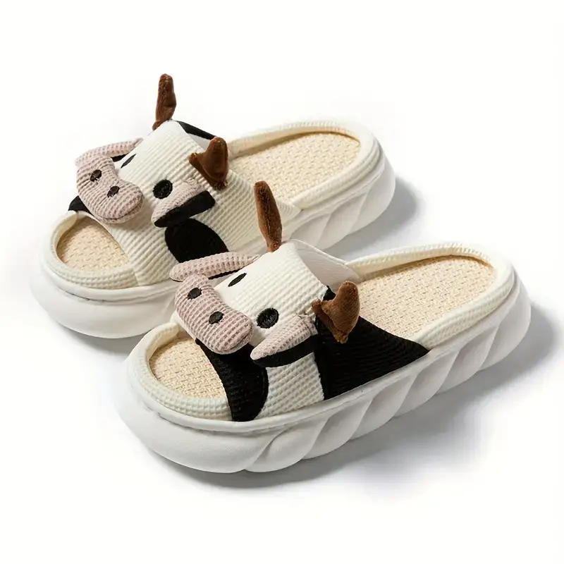 Cow Slippers,House Slippers For Women/Men Indoor,Cute Slippers Cartoon Animal Womens Mens House Shoes Cotton Linen Comfortable Bedroom Kawaii Cloud Sl