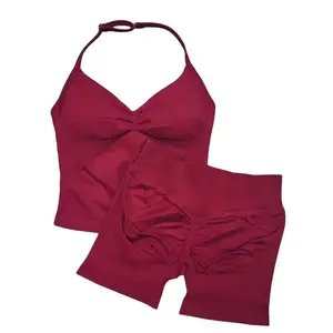 Womenswear Two Piece Sculpting Workout Set - Red Halter Neck Top & Matching Shorts for Workouts