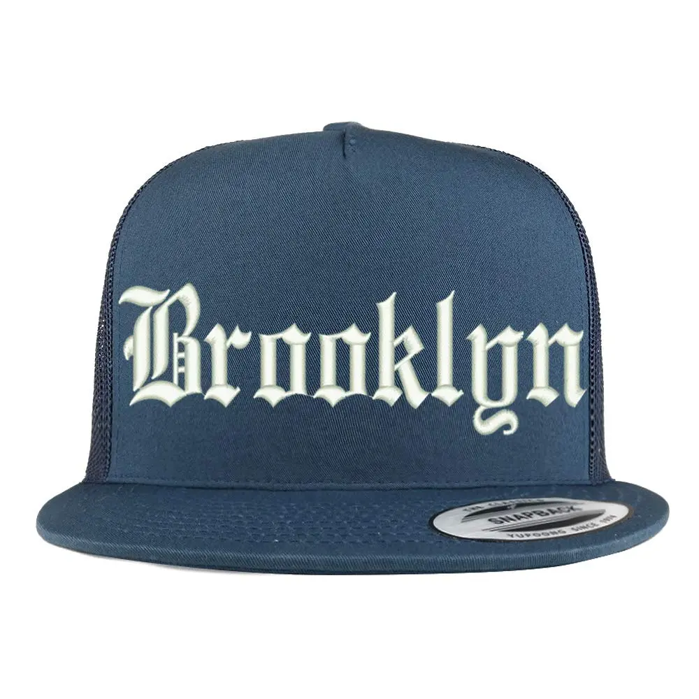 Trendy Apparel Shop Old English Font Brooklyn City Embroidered 5 Panel Mesh Cap - Navy