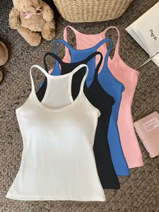4-Pack High Elasticity Ribbed Knit Tank Tops Sleeveless, Sexy U-Back Women's Camisoles, Breathable Comfortable Fitted Innerwear, Spring Summer New Style