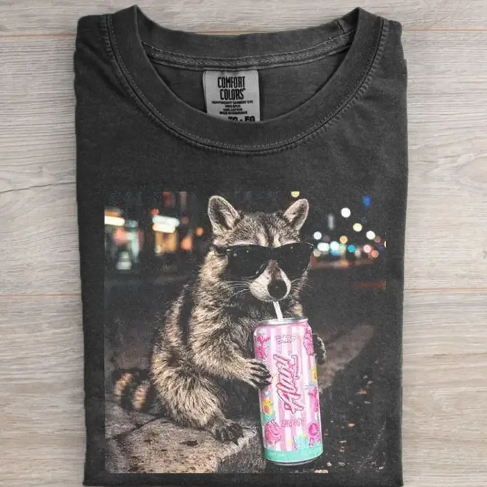 Comfort Colors T-Shirt, Raccoon Cotton Candy Drink Graphic Tee, Cute Animal Shirt, Fun Retro Style Tee, Gift for Men Women