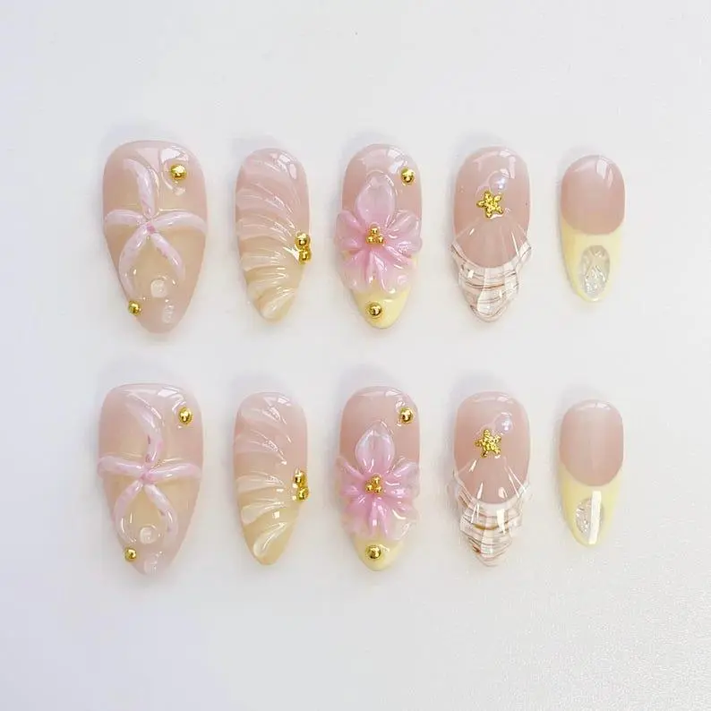 Starfish Flower Press On Nails, Elegant Almond Shell Nails